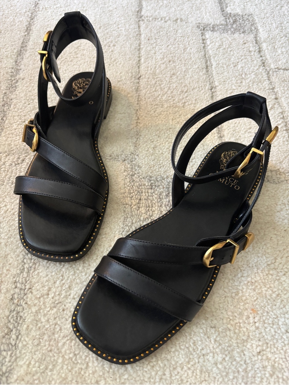 Vince Camuto Black Leather Stud-Trim Ankle-Strap Flats with Gold Buckles